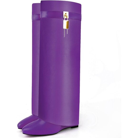 Women Faux Leather Purple Pull-on Wedge Heel Knee Shark Padlock Design Boot - Picture 3 of 5